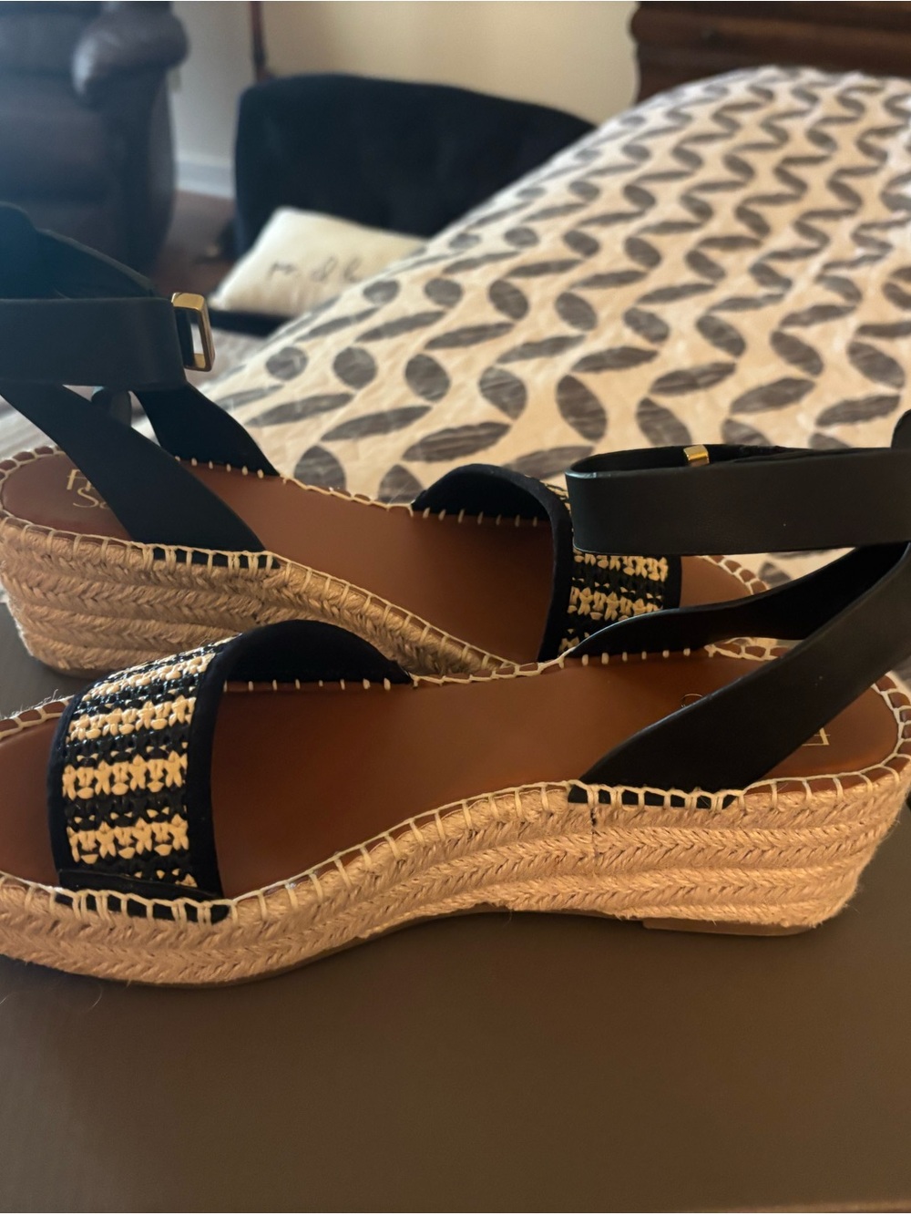 Franco Sarto Black and Natural Braided Espadrille Wedge Sandals - Picture 4 of 4
